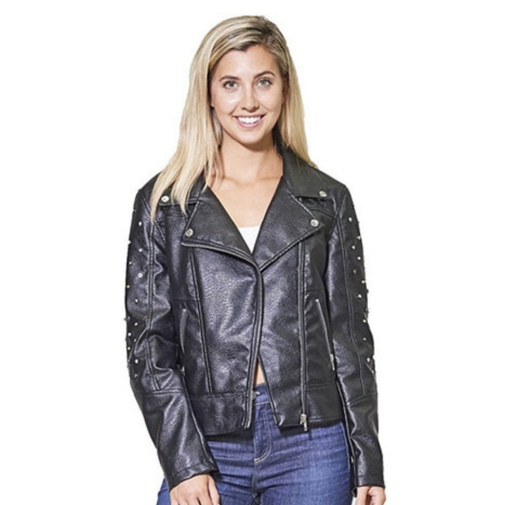 Members Only Faux Leather studded biker jacket Size L , Black NWT